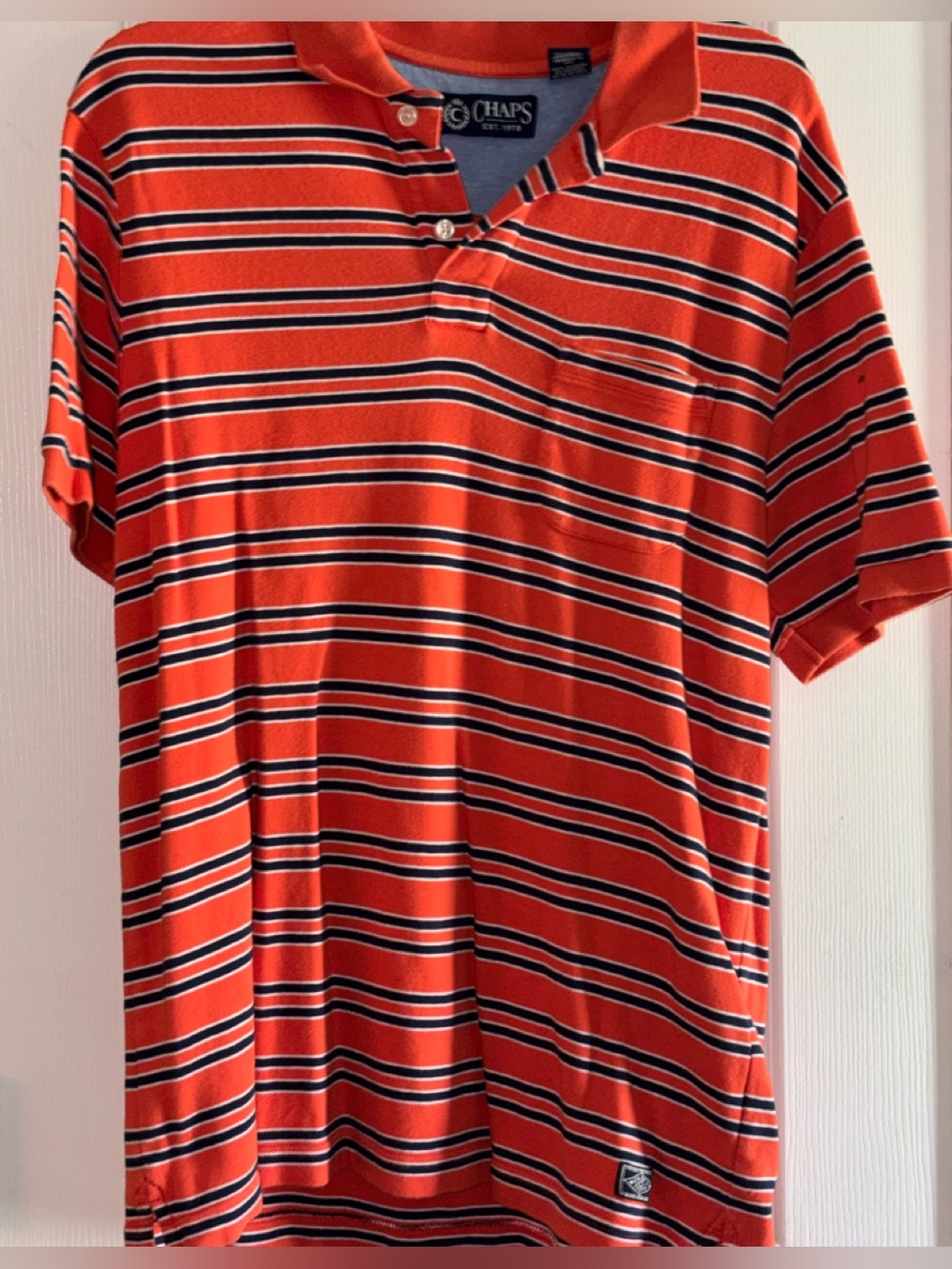 Chaps Orange Striped Polo with Navy and White Accents